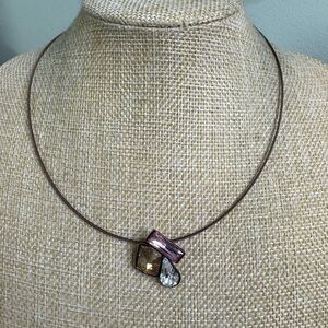 Touchstone Crystal Wire Necklace Swarovski Geometric Pendant Bronzed Metal 18”